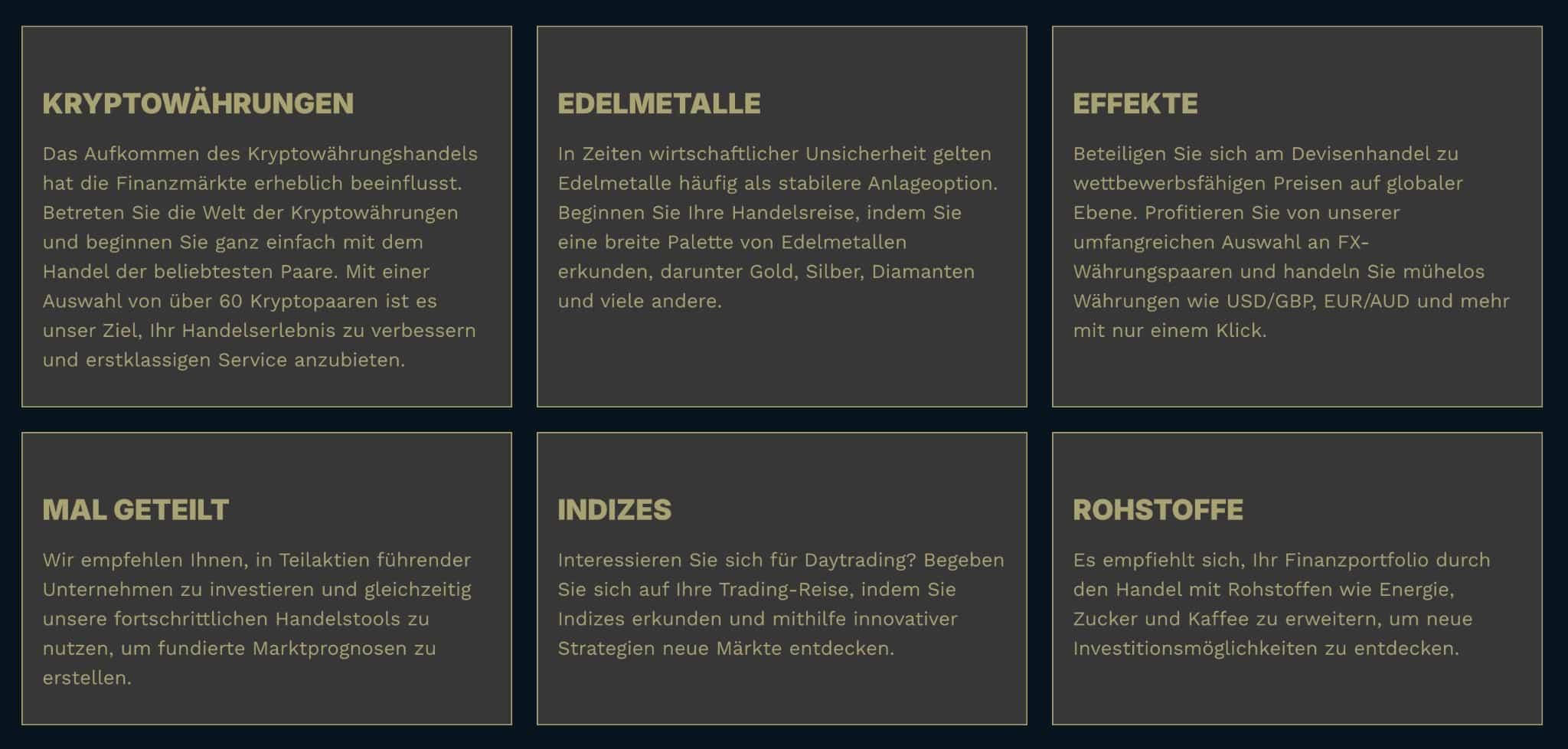 Die Übersicht der Handelsinstrumente von Sammelhub zeigt verschiedene Anlageklassen