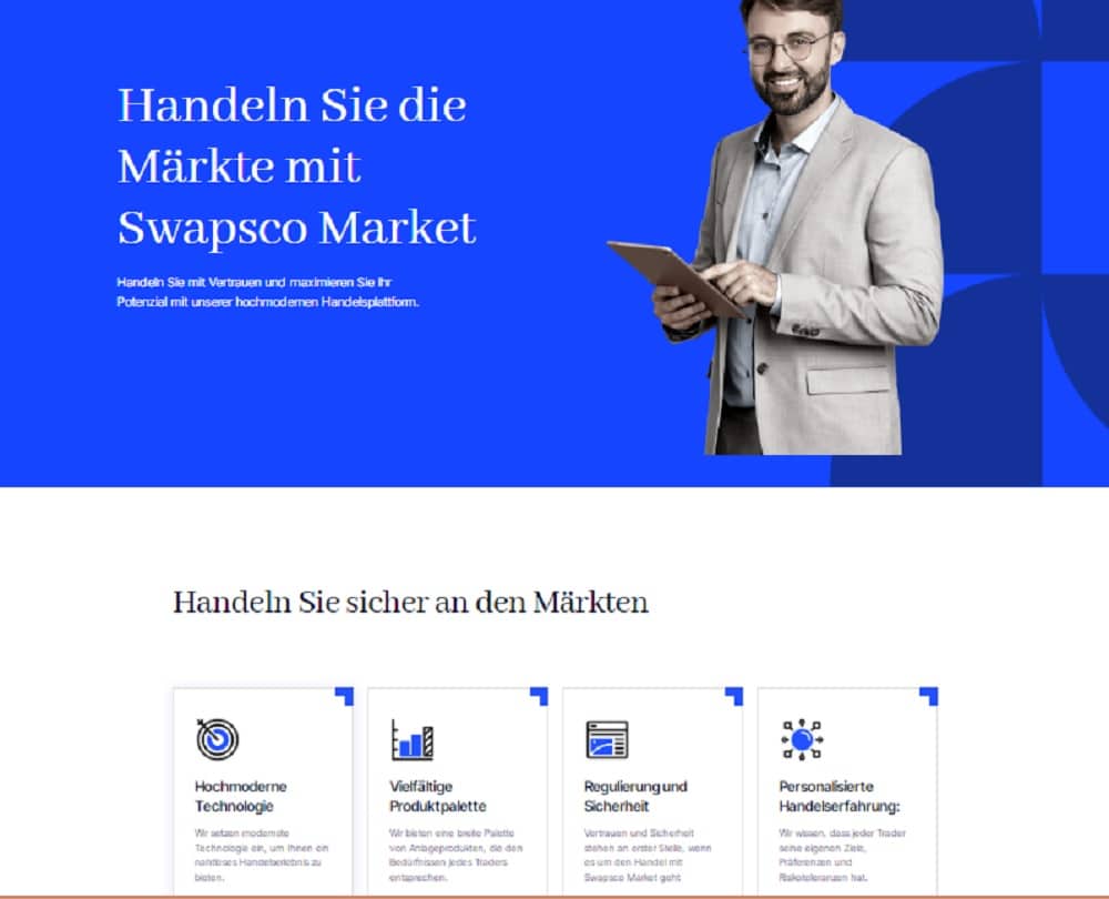 Ein Schnappschuss der Handelsplattform von Swapsco Market, der ihre Funktionen zeigt