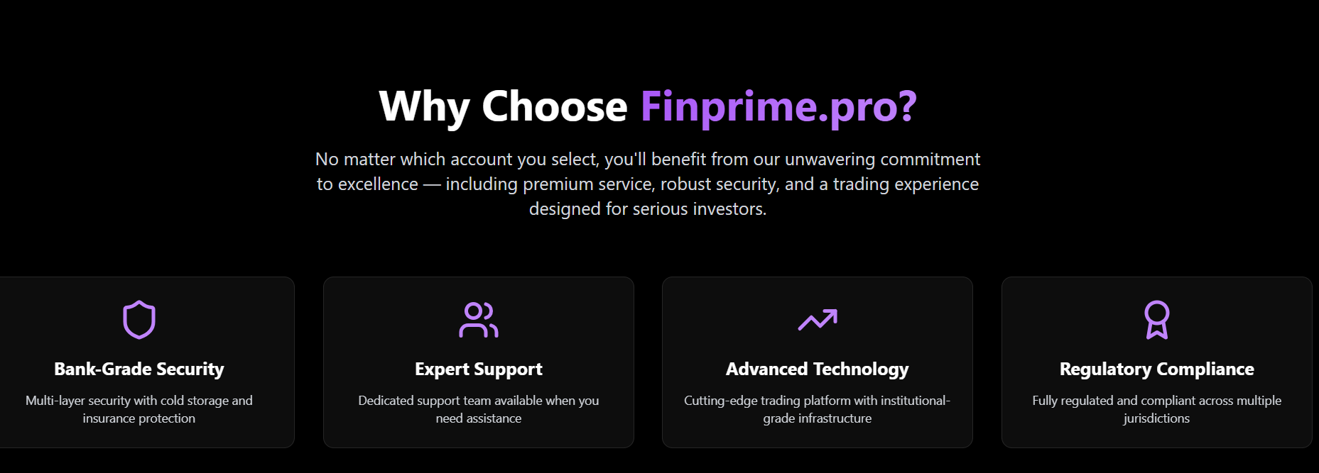 Screenshot of Finprime.pro website showing three available account types with information on regulation and support