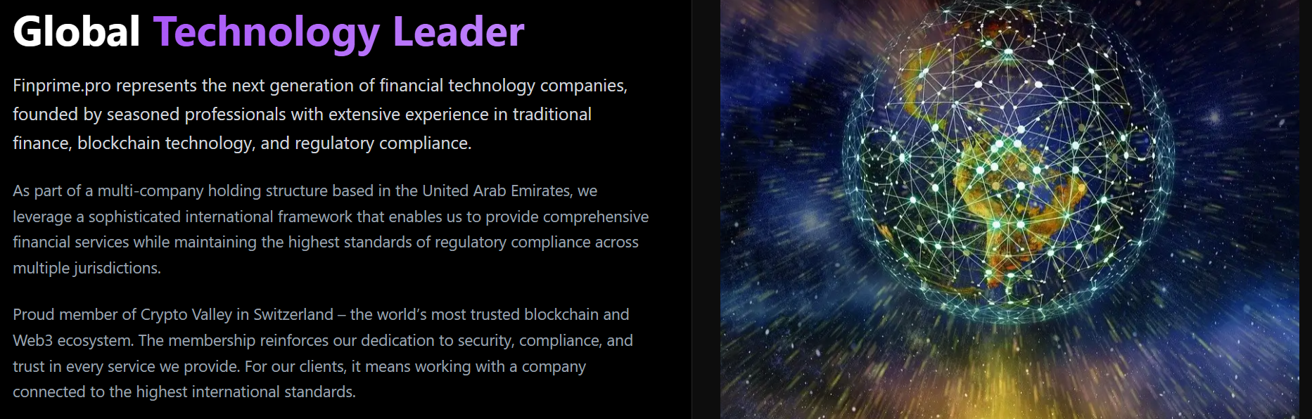 Screenshot of Finprime.pro About Us page highlighting technology leadership, blockchain compliance, and security standards