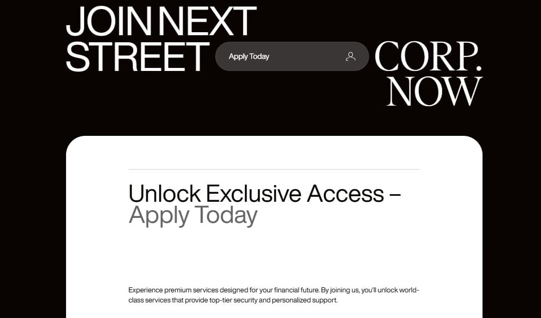 Next Street Corporation Signup Page