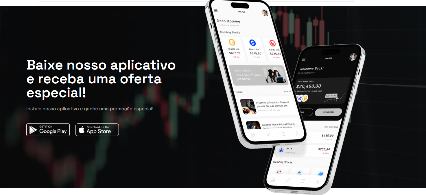 Tela de apresentação do aplicativo da Vexith Capital, disponível para download na App Store e Google Play