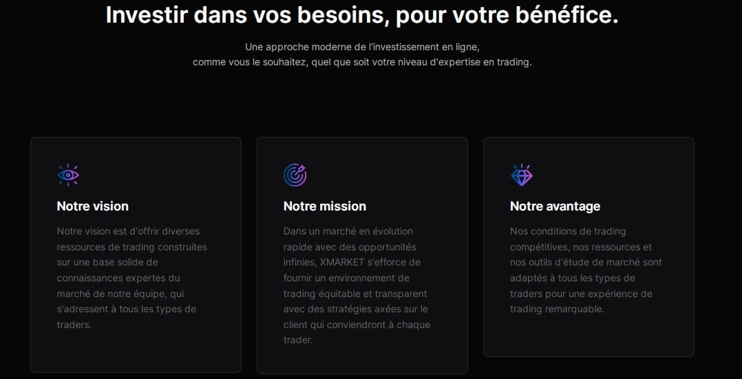 Page du courtier XMarket décrivant les objectifs de la société envers leurs clients.